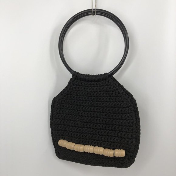 VTG 70s Black Macrame Purse Bag Round Handles Wood Beads Boho Handmade Retro - Picture 5 of 11